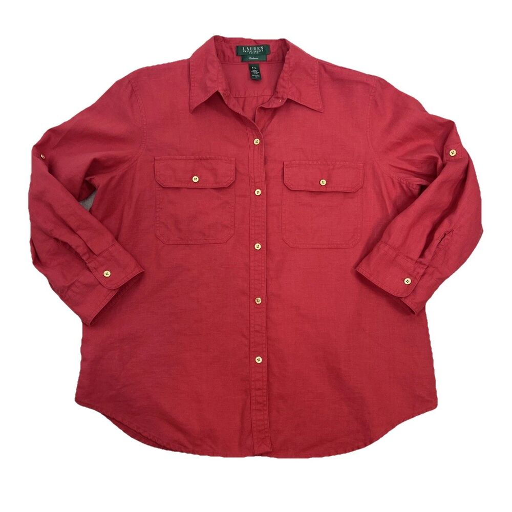 Lauren Ralph Lauren Petite 100% Linen Button Up Shirt Women PL 3/4 Sleeve Costal